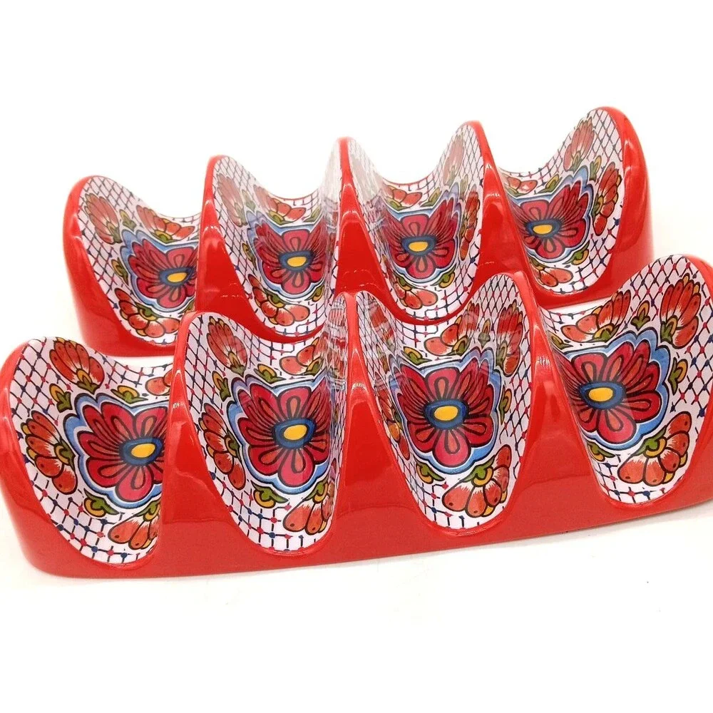 II Mulino Set of 2 Taco Tray Tortilla Holders Fiesta Melamine Mosaic Red Blue